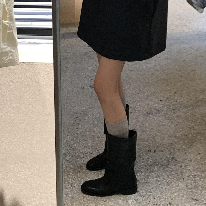 牛皮版~翻折真皮厚底骑士中筒靴女冬宽筒西部短靴粗跟马丁靴踝靴|undefined