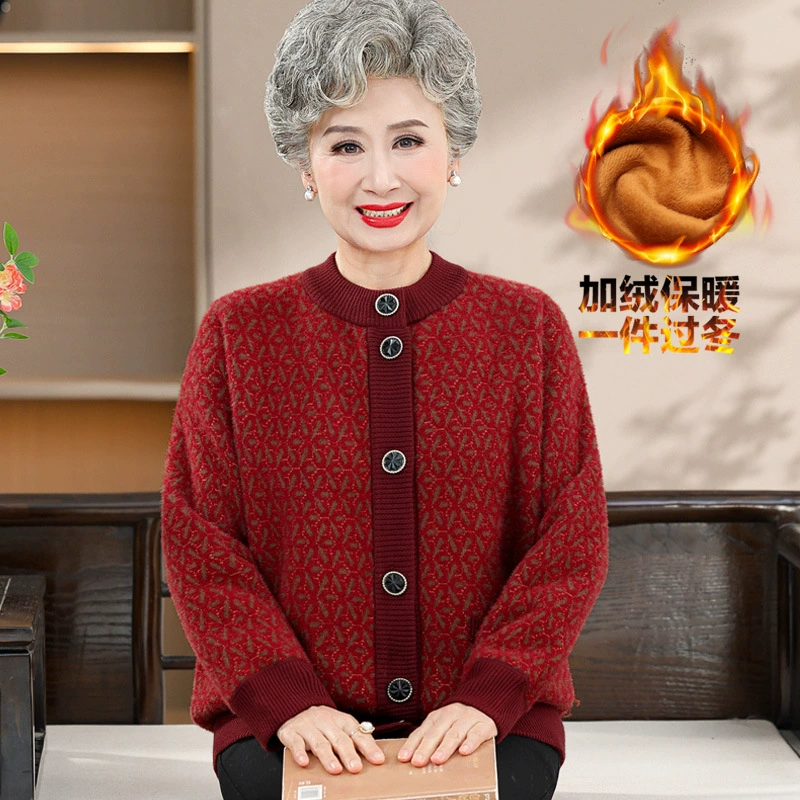 Новый стиль пожилой зимний бархатный толстый свитер пальто бабушки вязаный кардиган мамы свободный теплый топ
