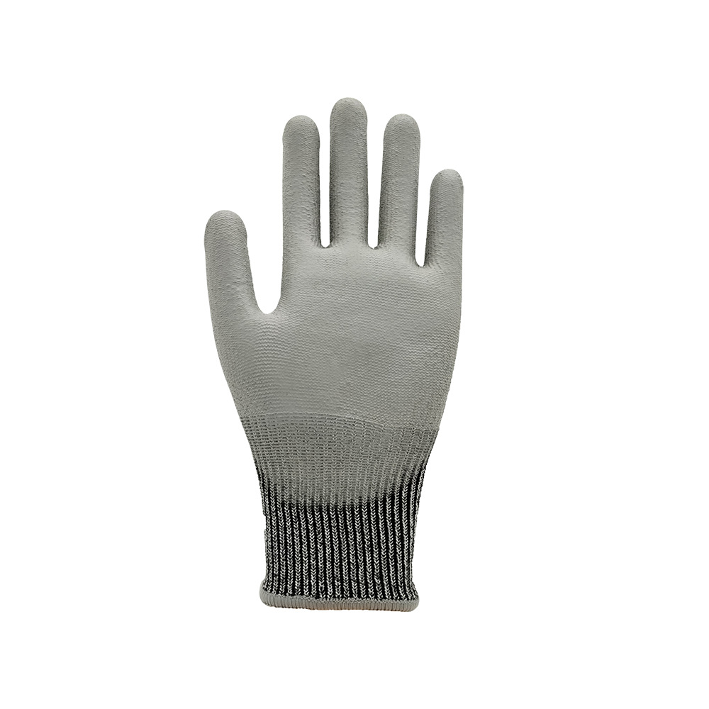 Guantes de protección con certificación CE EN388, resistentes a cortes de nivel 5, material HPPE con recubrimiento de PU, resistentes al desgaste, antideslizantes, nivel D de resistencia a cortes.