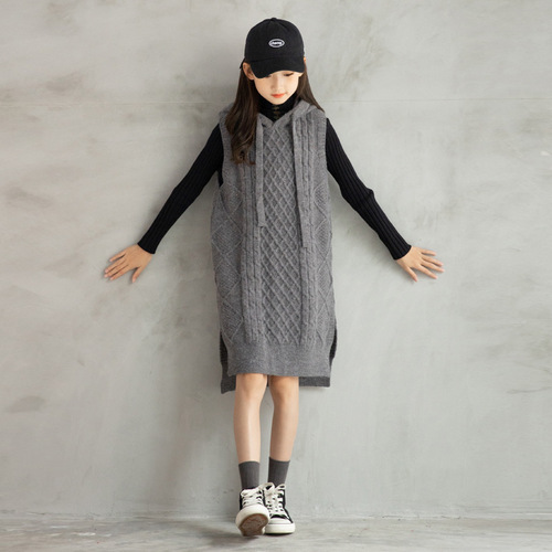 Girls Dress Autumn and Winter Korean Style Children's Clothing Girls Hooded Thickened Sweater Knitted Skirt Casual Sports Vest