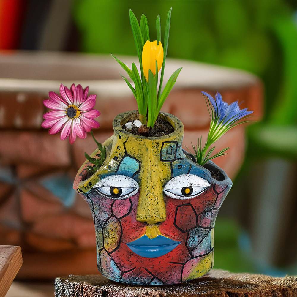  New Creative Abstract Three-hole Face Colorful Flower Pot Ornaments Courtyard Outdoor Balcony Green Plant Potted Plant Decoration