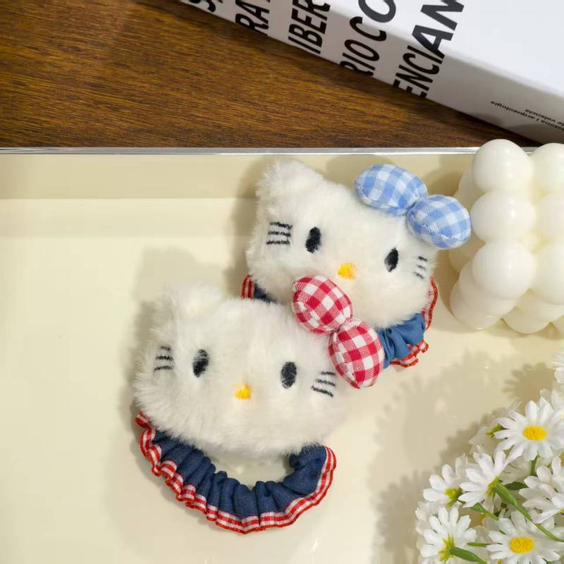 可爱蓝色格子猫咪牛仔发圈日系甜美高颜值少女风马尾发绳发饰批发|undefined