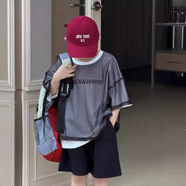 24夏季新款韩国童装男童中小童字母黑白网纱拼接假两件短袖T恤