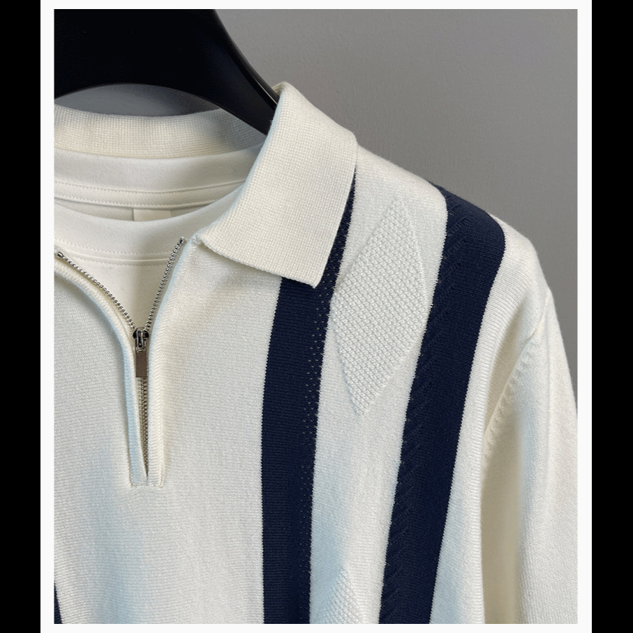 Men’s Half-zip Striped Knitted Polo Shirt Warm Autumn Winter Top_voghion.com