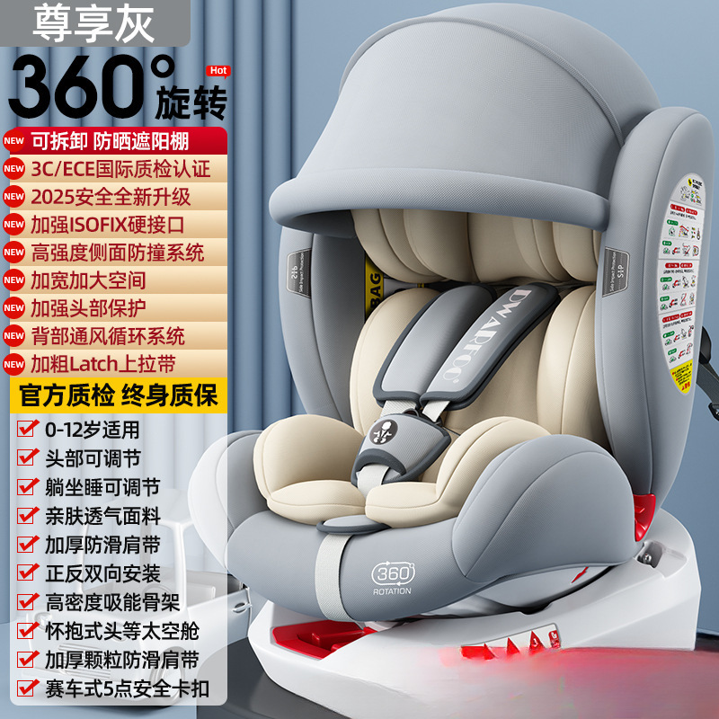 Top with exclusive gray [awning +360°Rotation + multi-directional protection + isofix hard connection + international quality]