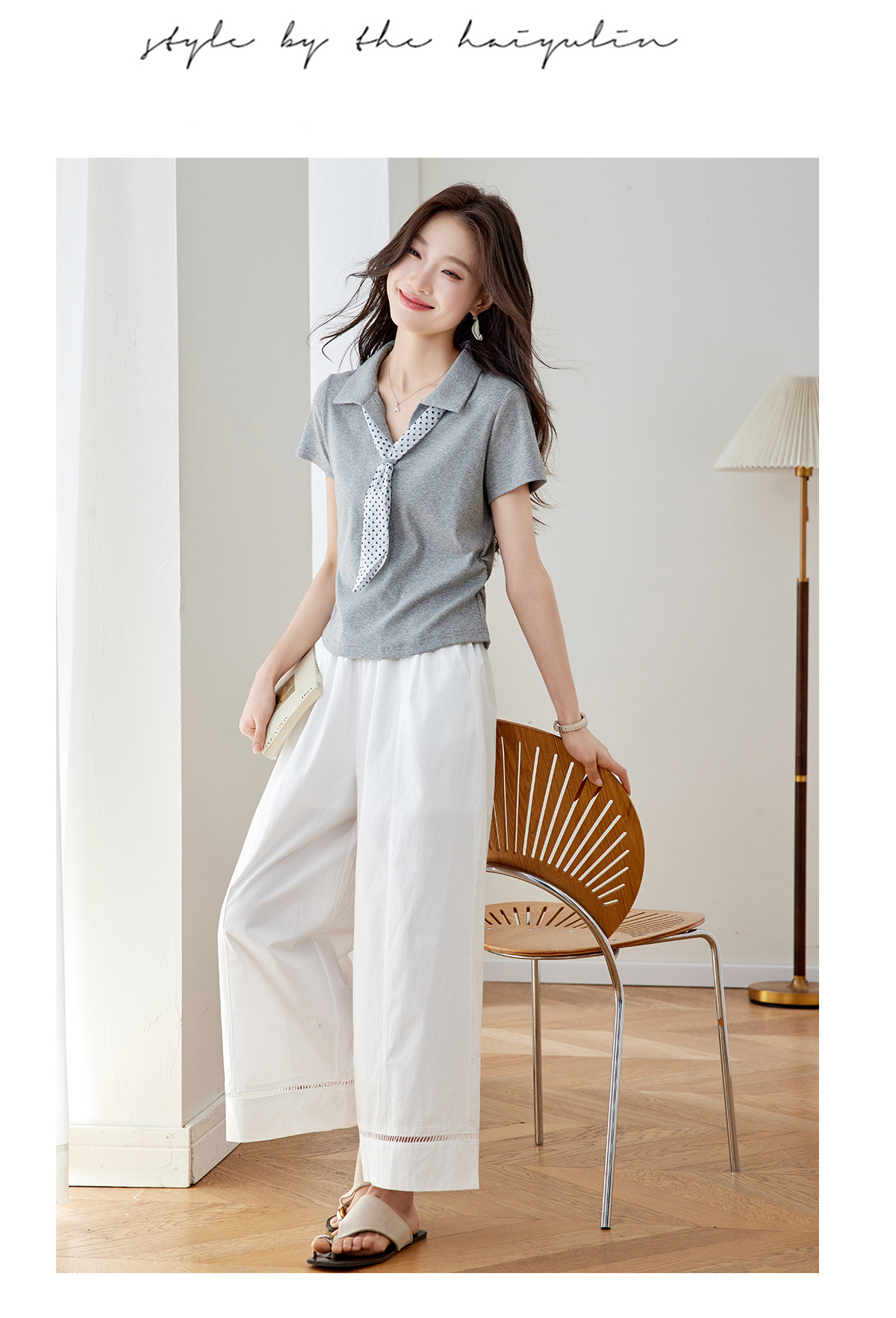 Bộ quần áo nữ gồm áo thun cổ tròn phối khăn lụa và quần ống suông rộng — Xám + quần trắng chi tiết 12