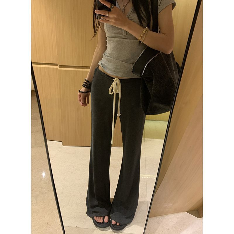 【Supermodel Fit】Low-Waist Wasteland Style Spring Gray Design Drawstring Slightly Flared Yoga Pants Women's Casual Pants 【Supermodel Fit】Low-Waist Wasteland Style Spring Gray Design Drawstring Slightly Flared Yoga Pants Women's Casual Pants
