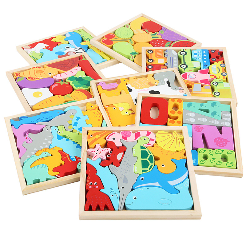 Caricatura animal tridimensional puzzle puzzle puzzle madera infantil educación temprana mano agarrar tablero de frutas y verduras juguetes de tráfico