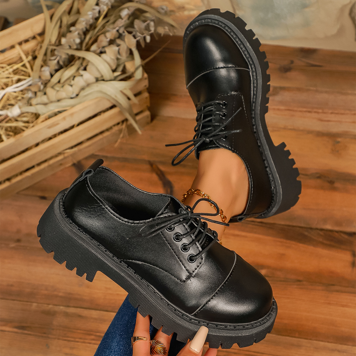 Mocassini bassi da donna in stile britannico con lacci, punta tonda, stile retrò, taglie forti, primavera, nuove scarpe eleganti in pelle._voghion.com