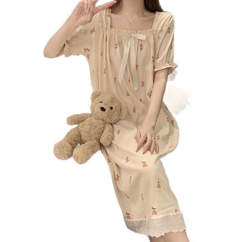 2025 nuevo verano vestido de pijama de mangas cortas nube de algodón de mujer princesa dulce vestido de casero vestido largo se puede usar fuera