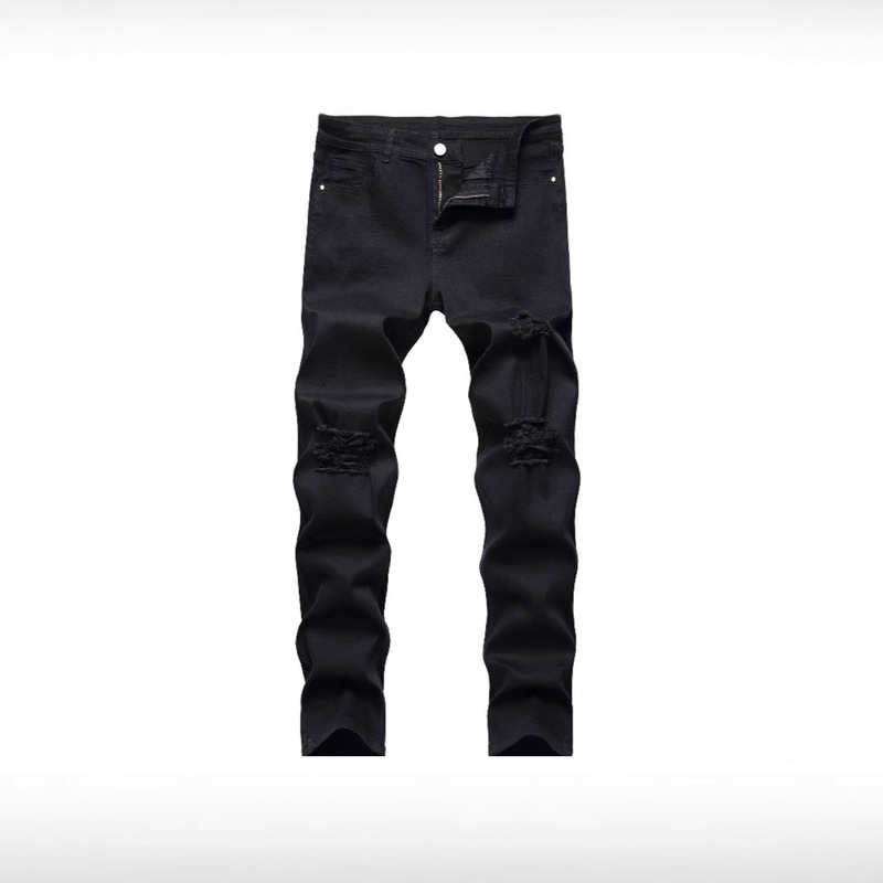 Black Slim-Fit Versatile Jeans with Holes, Trendy 2025 Fashion Men's Xintang Denim Capital Wholesale Straight-Leg Style