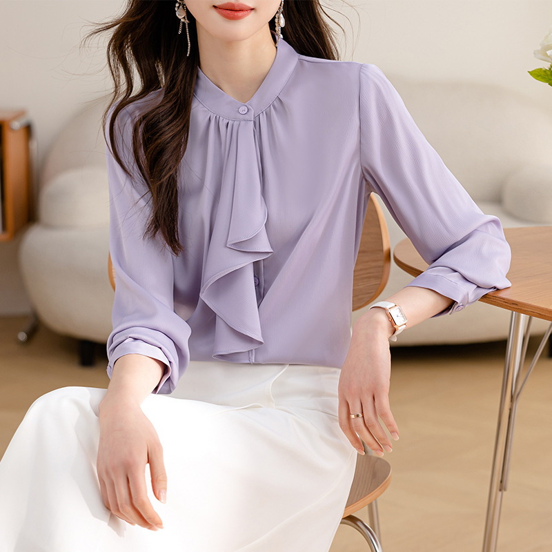 2026 Textured Wrinkle-Striped Loose Satin Shirt for Women, Long-Sleeve Shirt with Bow Tie Decoration, French Style, Elegant Commuter Style with Stand Collar