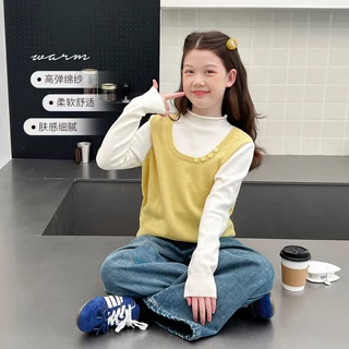 加厚女童假两件撞色毛衣儿童洋气针织衫大童打底上衣2026冬装新款