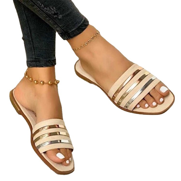 Large African Sandals Women Summer European And American Sequins Flat Bottom Breathable One Line Slippers Women‘s Shoes’