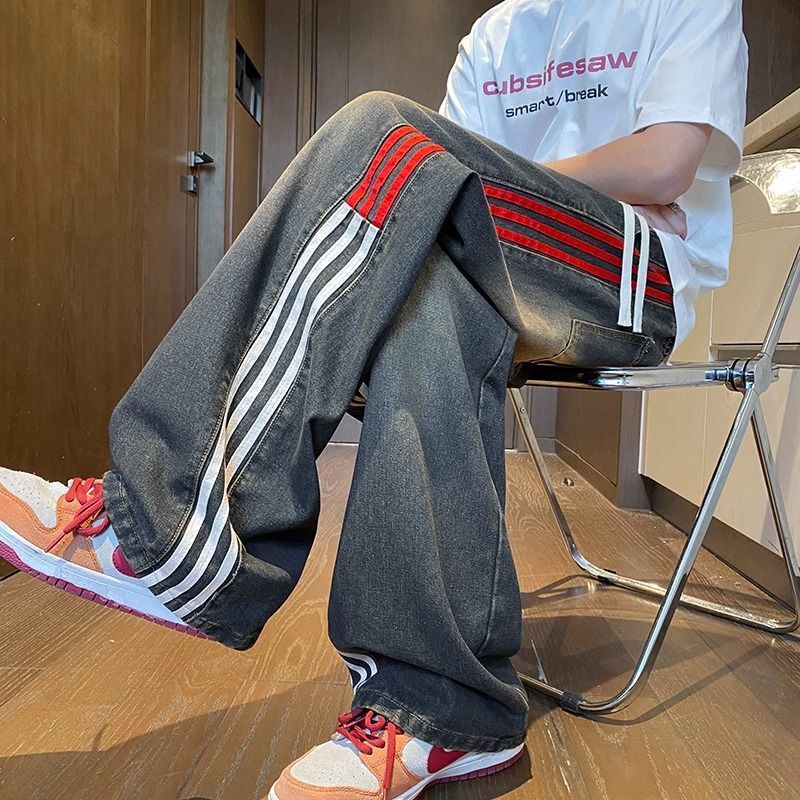Contrast Striped Jeans Men's Spring Youth Washed Loose Straight Pants Trendy Brand American Style Retro Wide Leg Pants Contrast Striped Jeans Men's Spring Youth Washed Loose Straight Pants Trendy Brand American Style Retro Wide Leg Pants