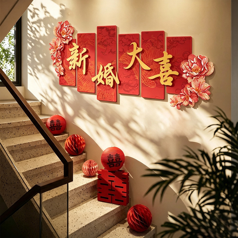 Wedding Room Atmosphere Decoration Set, Wedding Staircase Background Wall, Handrails, Steps, Double Happiness Character for the Bride