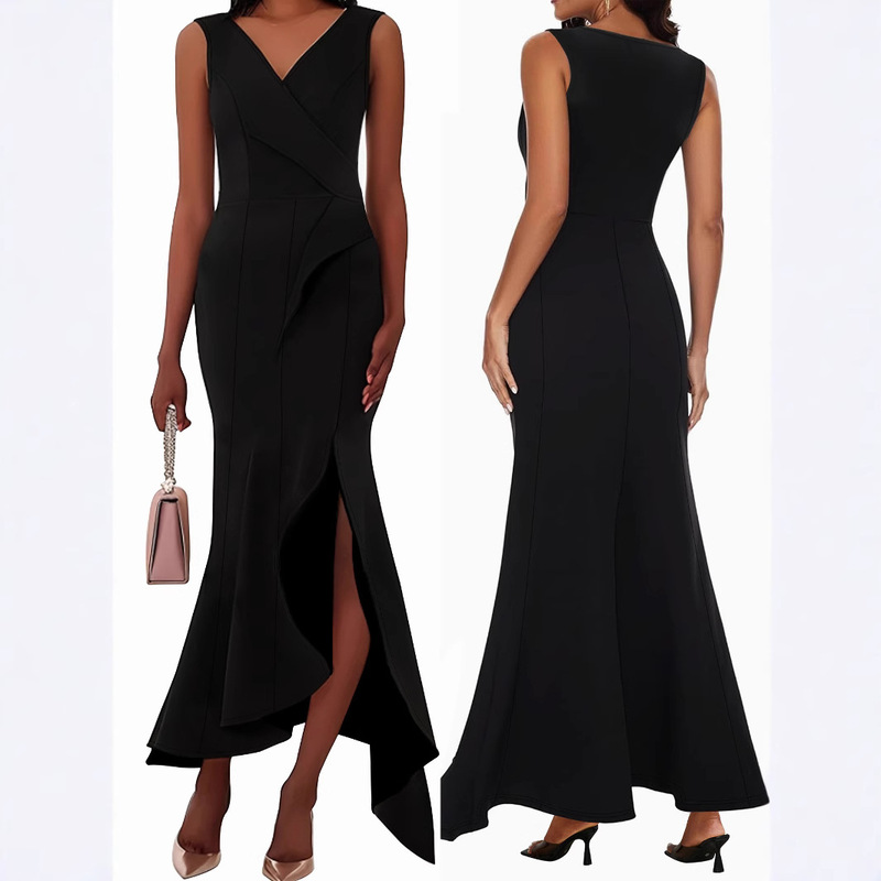 Cross-border Amazon European and American Women's Fashion Elegant V-neck Ruffled Irregular Hem plus size Long dress