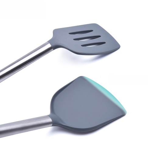 Stainless steel handle silicone kitchen tools, non-stick pan cooking spoons and spatulas, wooden handle silicone pot utensil set
