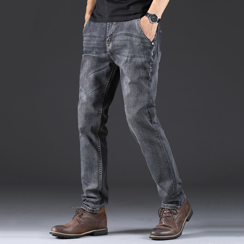Autumn and Winter Thick Stretch Smoke Grey Jeans Men's All-match Loose Straight Casual Trousers Plus Large Size