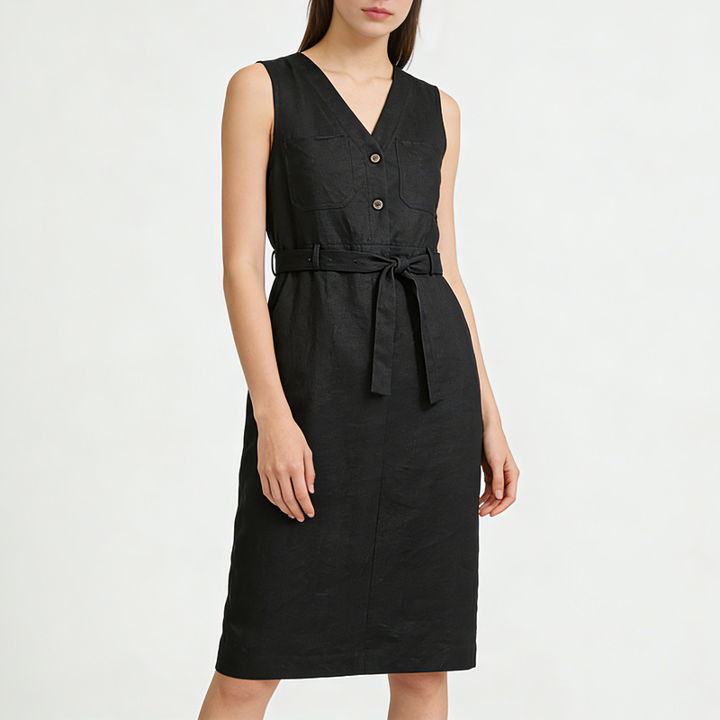 Xingge French-Style Vintage Linen Dress for Women, Sleeveless V-Neck, Waist-Cinching, Slimming, Plus-Size, Solid Color, Slit Mid-Length Dress Xingge French-Style Vintage Linen Dress for Women, Sleeveless V-Neck, Waist-Cinching, Slimming, Plus-Size, Solid Color, Slit Mid-Length Dress