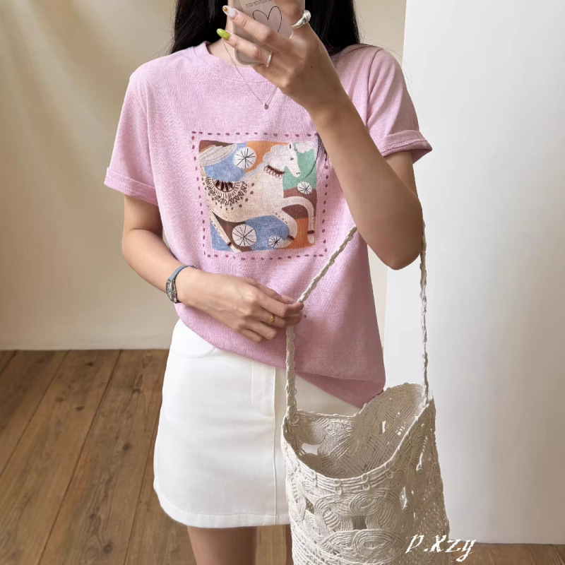 Summer New Korean Style Casual Women's Thin Cotton T-Shirt Versatile Cartoon Print Top Women's Pullover Trendy T-Shirt 013