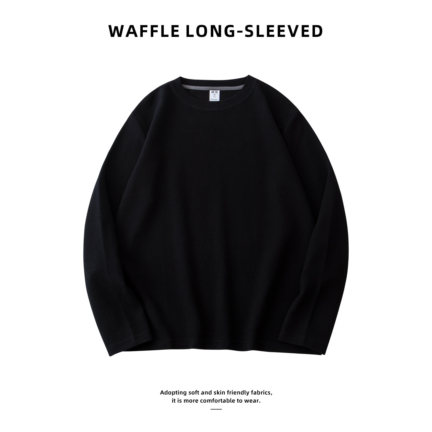 Waffle Camiseta de manga larga de los hombres de estilo americano suelta camiseta superior otoño juventud color sólido japonés camisa de fondo