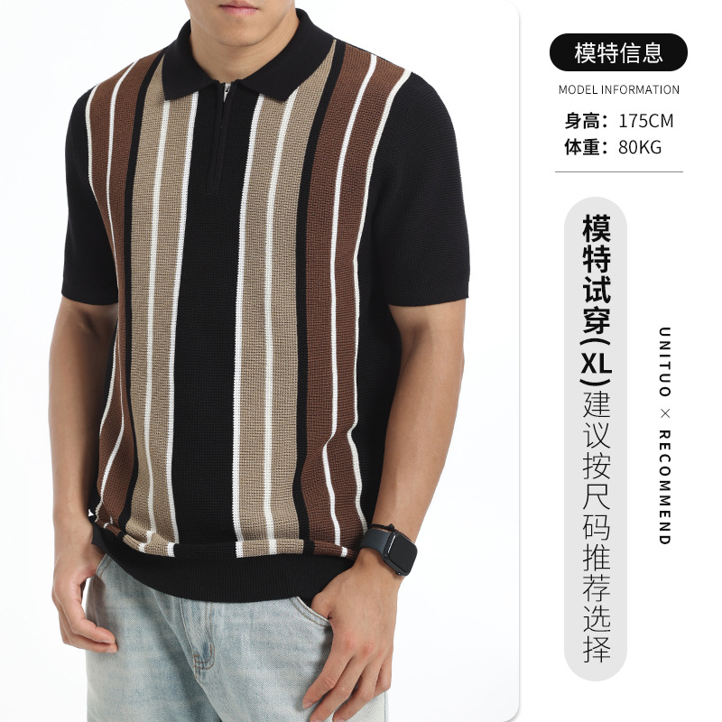 Europa y los Estados Unidos transfronterizos hombres hielo tejido polo camiseta comercial solapa rayas de manga corta polo camiseta polo al por mayor