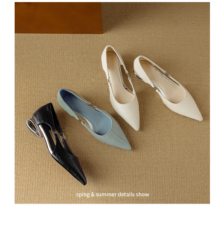 Sandal nữ da cừu mũi nhọn kín mũi gót cao kiểu Pháp — đen, Màu trắng nhạt, xanh xám chi tiết 18
