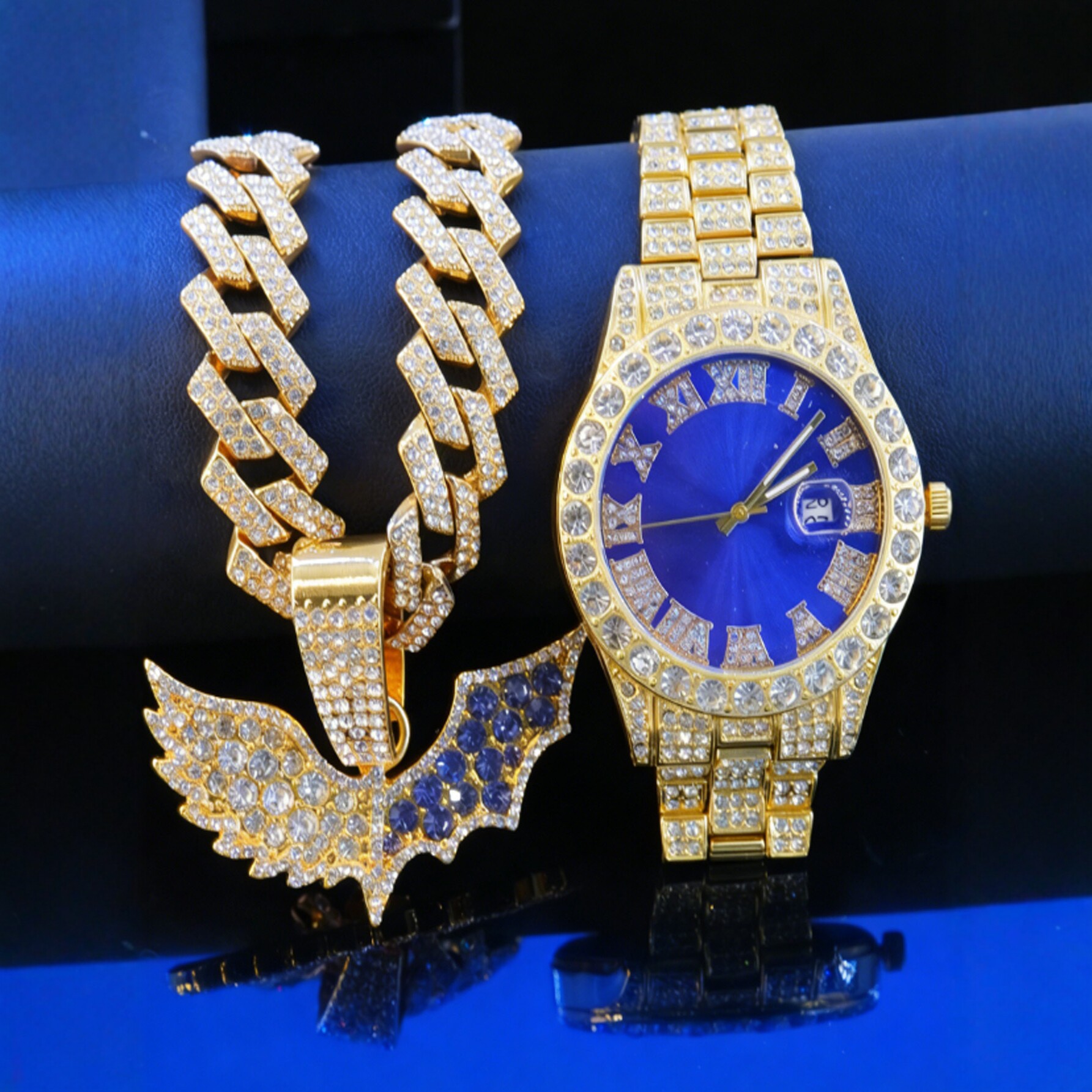 HipHop completo murciélago de diamantes de dos colores colgante de diamantes cubano cadena azul número romano reloj pulsera para hombres y mujeres