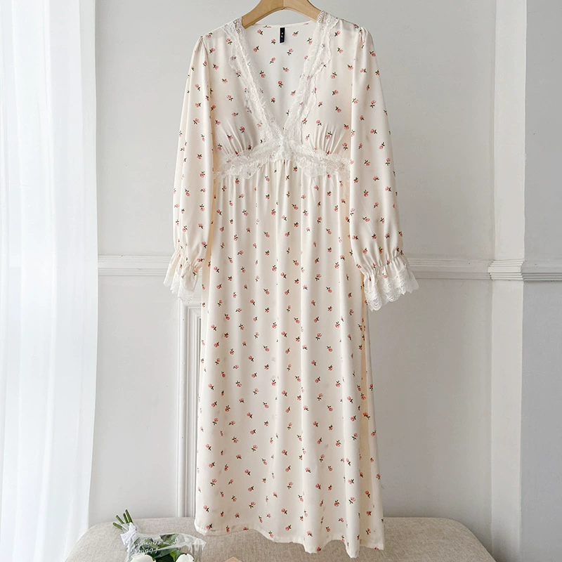 Ночная юбка женская летняя ледяная шелковая тонкая с длинными рукавами с нагрудными подушками 2024 новая весна и осень сломанные цветы маленькая свежая чистая пижама ветра