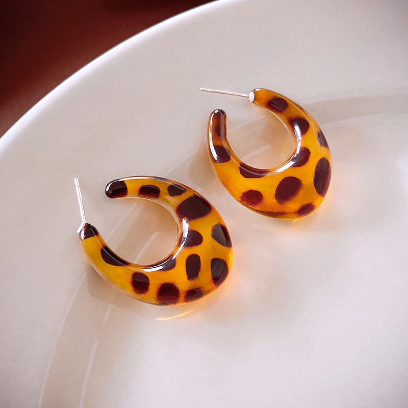 Pendientes de círculo geométrico con estampado de leopardo con aguja de plata Pendientes de personalidad de moda de todo fósforo retro europeo y americano Pendientes de todo fósforo de nicho al por mayor