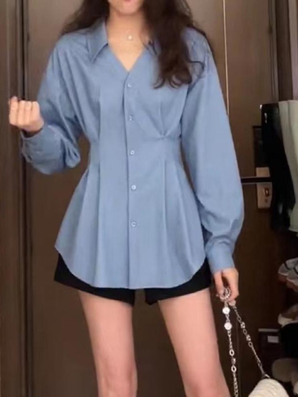 大きいサイズの婦人服の太ったmmのデザイン感は襟をひっくり返して腰のしわの長袖のシャツの女性の秋の気質を収めます。|undefined