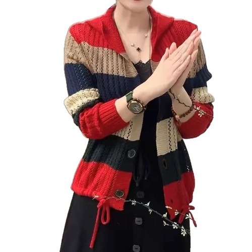Fashion Striped Hooded Knit Cardigan for Women Spring and Autumn Slim Fit Layered Casual Loose Long Sleeve Sweatshirt
