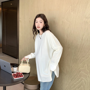 Spring and Autumn maternity clothes fashionable National style new Chinese style round neck long sleeve top T-shirt for pregnant women mid-length plus size temperament