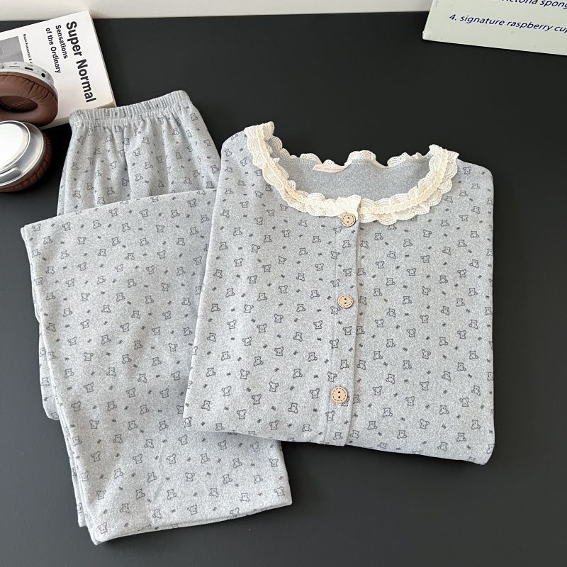 Al por mayor transfronterizo de ternilla osos pijamas mujeres otoño invierno encaje cuello redondo nuevo cálido manga larga dulce abrigo de ropa para el hogar