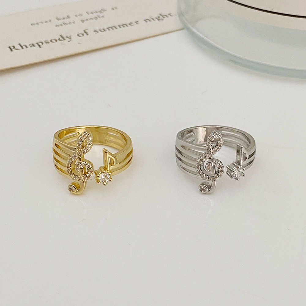 Fashion micro set zircone notazione musicale anello versione coreana apertura anello di rame gioielli personalizzati_voghion.com