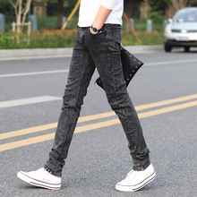 一件代发青少年新款灰色雪花小脚牛仔长裤男韩版潮流修身弹力裤子