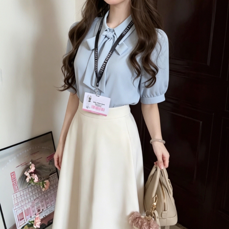 Blue Chiffon Short-Sleeved Shirt for Women, Summer Civil Servant Clothing, Professional Work Attire, Teacher Outfit, Interview Top