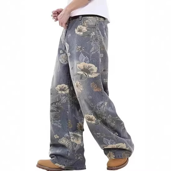 Loose Jeans Men's Printed Pattern Jeans Harajuku Wide-Leg Boyfriend Jeans Streetwear Loose Jeans Men's Printed Pattern Jeans Harajuku Wide-Leg Boyfriend Jeans Streetwear
