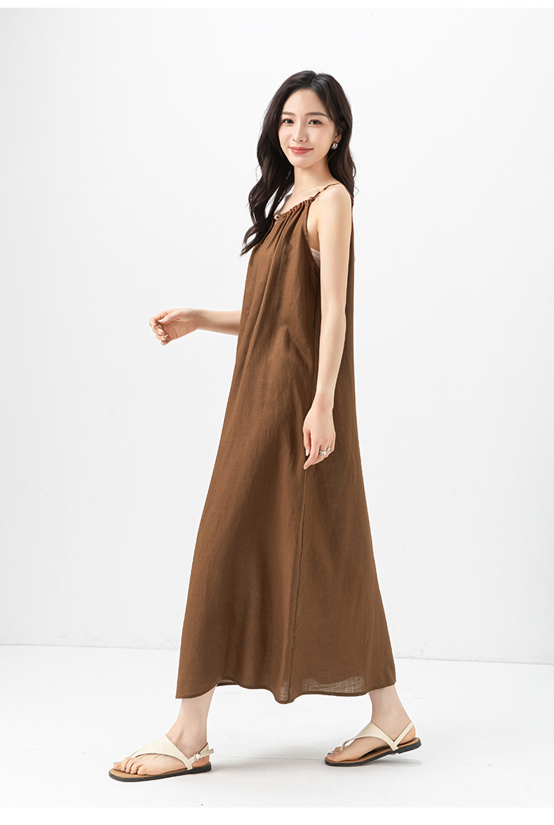 Váy maxi hai dây đính cườm phong cách nghỉ dưỡng, dáng chữ A rộng rãi, chất Tencel phối sợi gai mỏng mùa hè — Màu caramel chi tiết 19