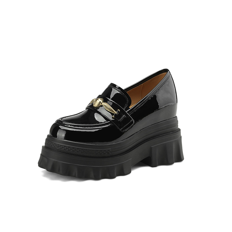 Giày loafer nữ đế xuồng cao gót 9 cm, mũi tròn, da bóng, tăng chiều cao — màu đen