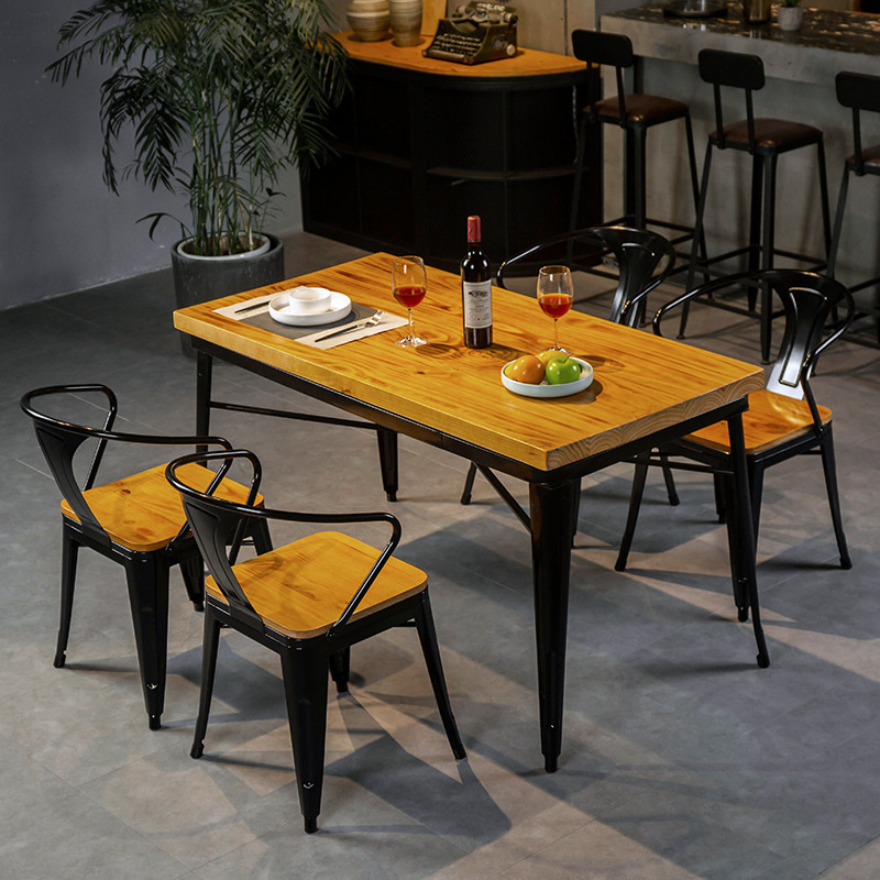 American Iron Solid Wood Dining Table Industrial Style Restaurant Bar Bar Barbecue Dining Table and Chair Combination Solid Wood Dining Table Combination