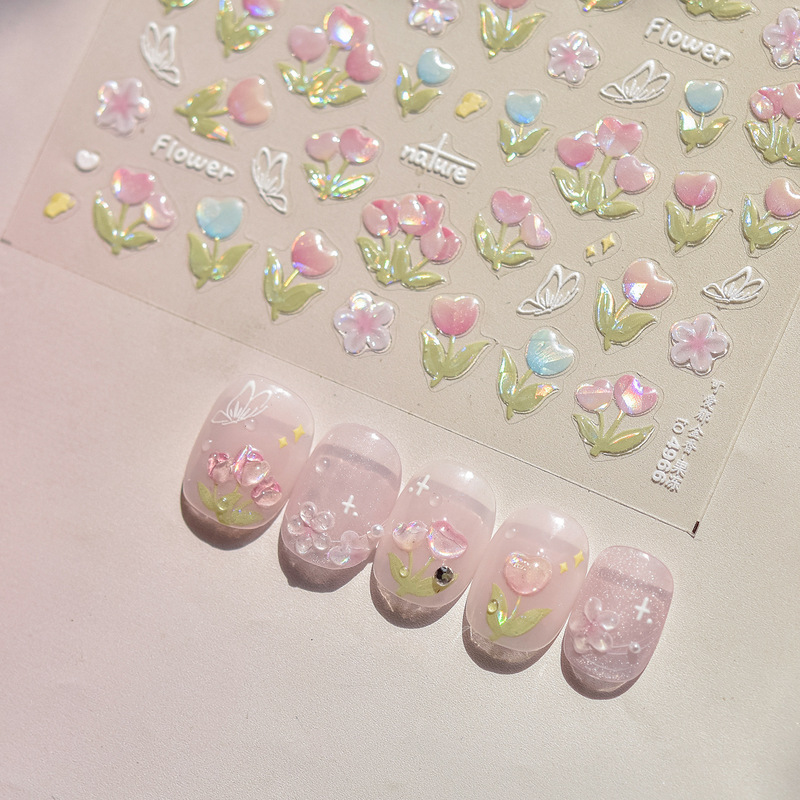 Nail art stickers spring new three-dimensional shell light high-grade tulip butterfly adhesive style nail stickers explosions