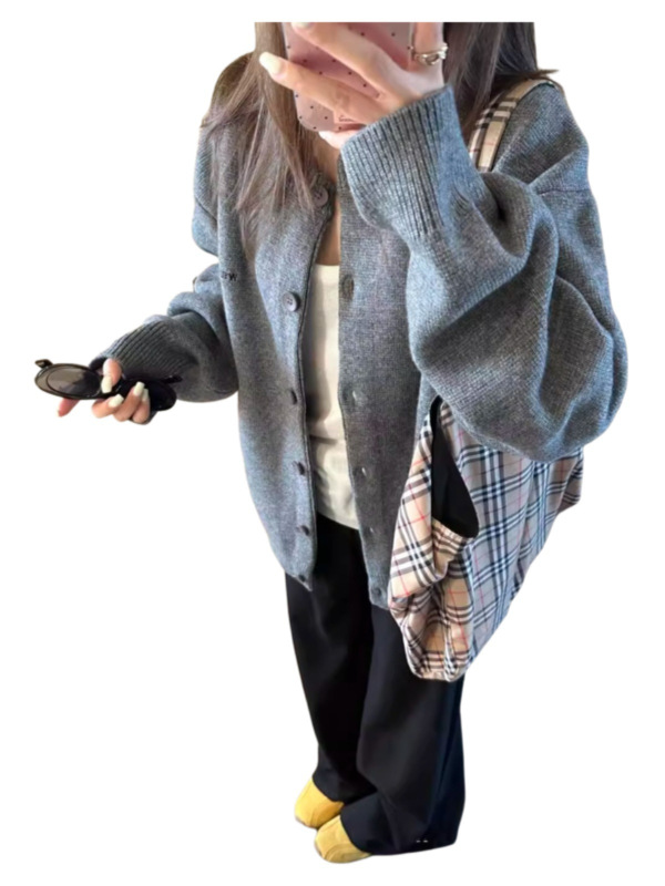 灰色针织开衫毛衣外套女秋季新款宽松慵懒风百搭高级感外搭上衣冬|undefined