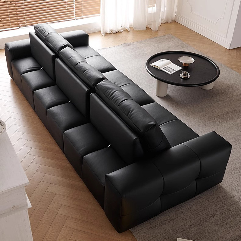 Sofá de píxeles italiano minimalista pequeño tipo de casa ajustable respaldo grande sofá de asiento profundo sofá de cuero negro línea recta