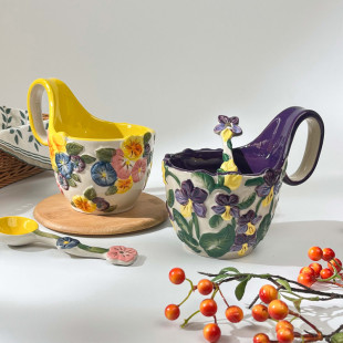 Export British Iris Ceramic Curved Handle Bowl Home Creative Fruit Salad Bowl Instant Noodle Bowl Oven Baking Bowl Anti-Scalding