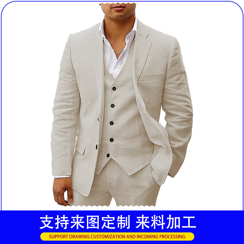Cross-Border Hot-Selling Men's Three-Piece Cotton and Linen Summer Breathable Business Suit Men's Set Temu Popular Suit