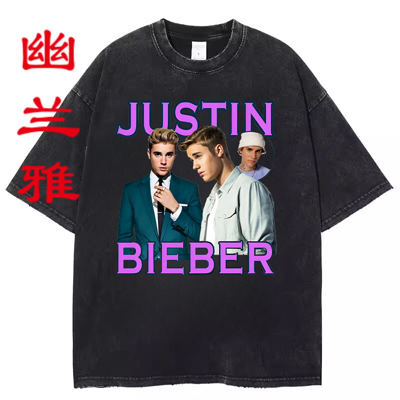 Justin Bieber Retro Washed Black Distressed Printed Round Neck Short-Sleeved T-Shirt Top