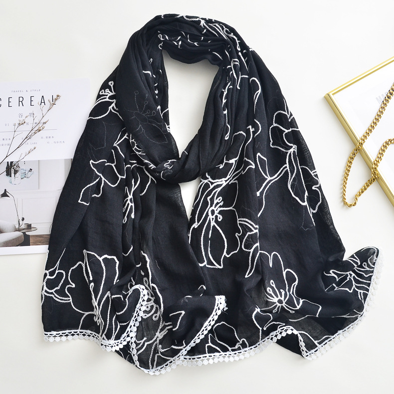 Comercio exterior nuevo color puro beige bordado algodón y lino bufanda nube tibetana viaje protección solar chal bufanda de encaje Malayo