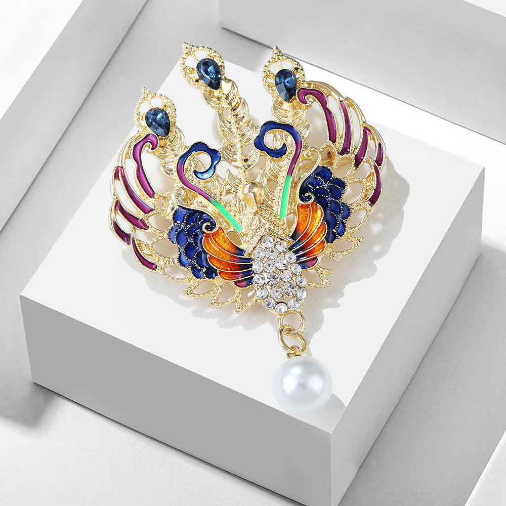 Chinese Style Vintage Bird Face Phoenix Luxury Enamel Phoenix Alloy Brooch Women Pearl Smart Suit Accessories